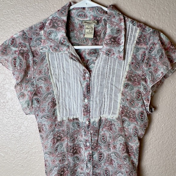 American Rag‎ Womens Soft Paisley Cap Sleeve Blouse Tie Back Lace Size Large Top - Picture 1 of 7